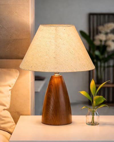 Image of Homesake Wood Grain Pattern Small Table Lamp, Desk Light, Wooden Bedroom Lamps for Nightstand, Scalloped Lamp Shade Table Lamps Small Spaces, Bedroom, Living Room, Taper Cone, (Jute Cone)