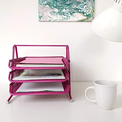Leviatan Metall Ablage Ablagefächer | Büro Organizer Schreibtisch | Schubladen für Dokumente | 3 Schubfächer Briefablage Dokumentenablage A4 Organizer Mesh | Rosa
