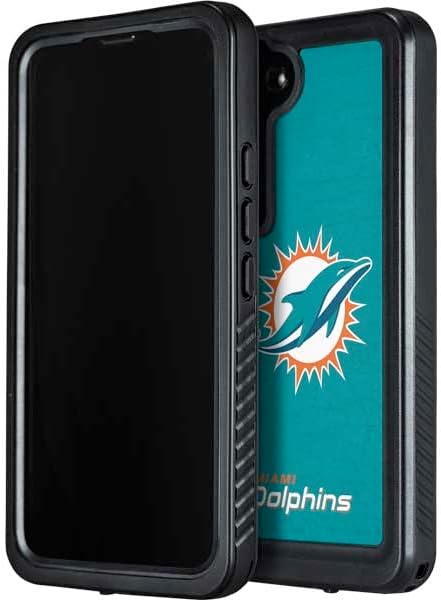 Skinit Waterproof Case Compatible with Samsung Galaxy S23 Plus - Officially Licensed NFL Miami Dolphins Distressed- Aqua Design