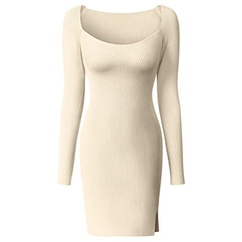 Memoriesea Women's Sexy Square Neck Long Sleeve Slim Fit Split Pullover Ribbed Knitted Midi Sweater Dress, Beige, Small Cover