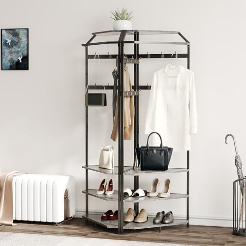 GarveeHome Corner Coat Rack with Shoe Bench Entryway, 6 Double Hooks, Modern Hall Tree, Gray, 20*20*71 inch