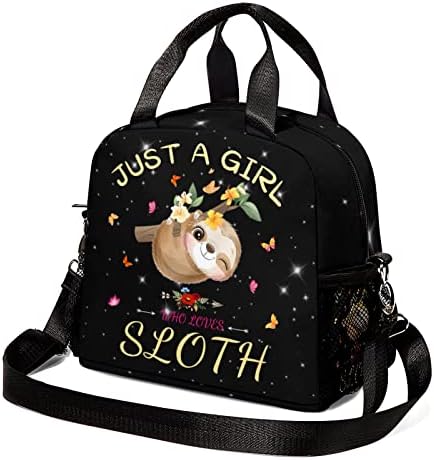 Rcekvoh Just A Girl Who Loves Sloth Insulated Lunch Bag Women Girls Waterproof Lunch Box Freezable Lunch Tote Bag for Work Picnic with Adjustable Shoulder Strap Mesh Pocket