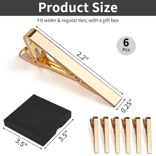 Image of MOWPOG 6 Pcs Tie Clips for Men, Tie Bar Pins Tacks with Gift Box | Copper, Shiny & Glossy, for Father, Husband, Boyfriend, Business, Wedding, Suit Accessories, Easy to Open, Won't Fade /Scratch