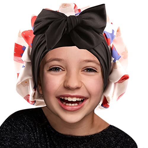 greatremy Strawberry Ajustable Silk Satin Kids Bonnet with Tie Elastic Kids Sleep Bonnet with Stretchable Band Double Layer Kids Bonnet Medium