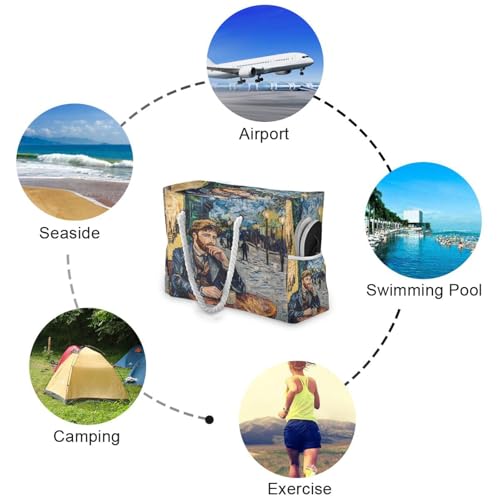 Street Café Beach Bag & Travel Tote Bag Large Sandproof with Zipper Closure, Wet Pouch for Swim Gym Travel, Lightweight Foldable Outdoor Bag4