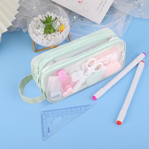 Image of Oyachic 2 Compartment Pencil Case Clear Mesh Pen Pouch Grid Makeup Cosmetics Bag Transparent Marker Organizer Office Business Travel Adults,green