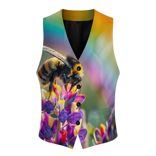 Bee Impressionism Rainbow Men's Suit Vests Business Formal Dress V-Neck Waistcoat Tops with 2 Pockets4