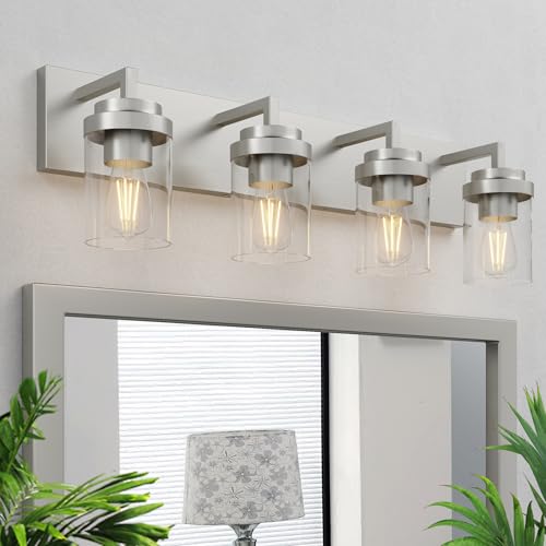 Image of Bathroom Lighting Fixtures, 4-Light Bathroom Vanity Lights Over Mirror, Brushed Nickel Vanity Light with Glass Shade, Modern Vanity Lighting Fixtures for Bathroom, Bedroom, Hallway