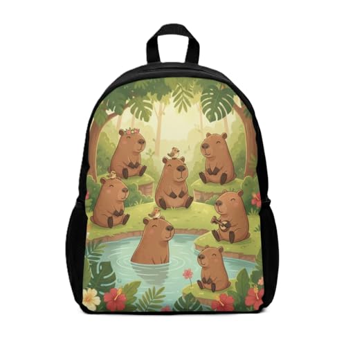 Mini Mochila Escolar Infantil Capivara com Estampa de Ursos na Floresta, Nylon 600 Resistente, Alças Ajustáveis, 11 x 27 x 38 cm