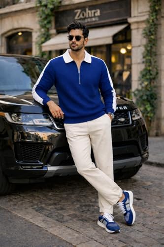 Image of Dagcros Mens Polo T-Shirt with White Contrast Collar | Short Sleeve Zipper Neck Casual Top | Smart Casual T-Shirt for Man