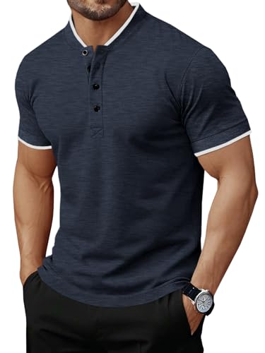 Runcati Mens Henley Shirts Short Sleeve Casual Polo Shirts Summer Business Workout Golf T- Shirts Navy