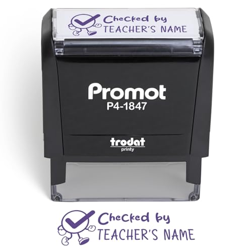 Promot Custom Teacher Stamps for Classroom Feedback & Rewards (Checked by) - Medium Personalized Grading Stamp with Multi-Color Ink Options - Quick-Dry Ink Teacher Book Stamp