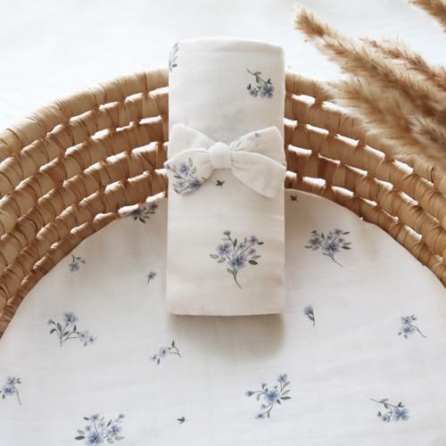 Image of LifeTree Baby Muslin Swaddle Blankets for Boys & Girls, Newborn Swaddle Set with Matching Headband Bow, Infant Blanket Wrap, 47 x 47 inches, Purple Flower, 70% Viscose from Bamboo and 30% Cotton