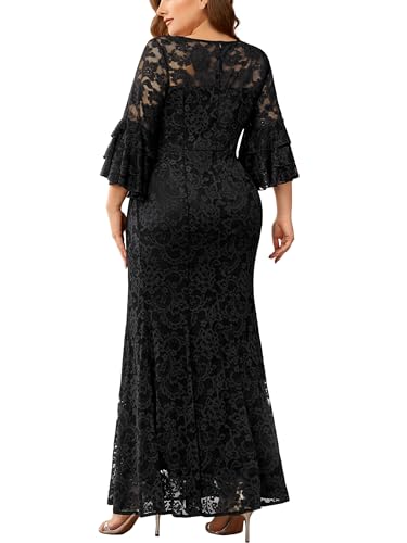 Miusol Women's Plus Size Floral Lace Ruffle Bell Sleeve V Neck Mermaid Hem Formal Maxi Dress2