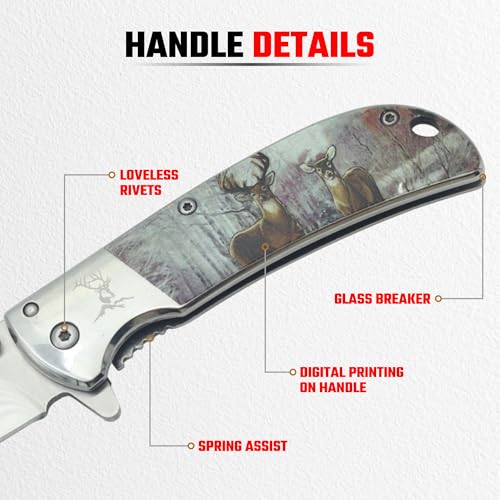 Outdoorsmen Pocket Knife - Hunting Accessories For Men - Cool Folding Knife With Pocket Clip - 420 Stainless Steel Blade - Unique Designs for Outdoorsmen & Collectors
