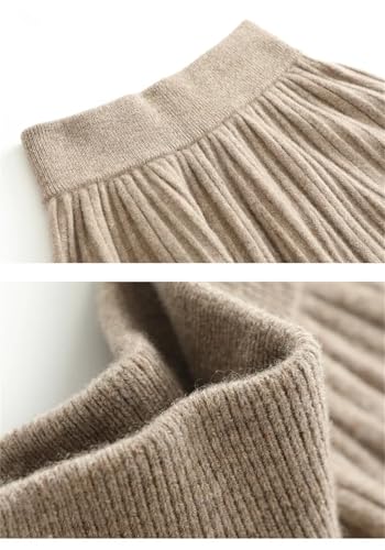 Women Fall Winter Knitted 100% Wool Skirt High Waist Pleated Long Skirts Beige M4