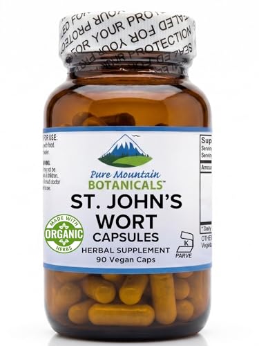 Pure Mountain Botanicals St. Johns Wort Capsules - 450mg Organic Herb and Extract - Standardized to 3% Hypericin - 90 Capsules - Mood Support Supplement