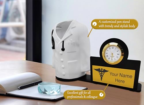 Image of Savri Personalized Doctor Apron /Coat Pen stand with Watch & Name Plate with Name Engraved. Best for Doctors,Medical Aspirants.Gift choice for birthday, graduation ceremony, Thanksgiving. Size -5x8inch