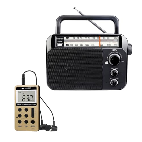 Retekess TR604 AM FM Radio Plug in Wall,D Battery Operated,Large Dial,High/Low Tone, Bundle with V112 Portable Mini Radio with Earphone Pocket, Digital Tuning Rechargeable Battery
