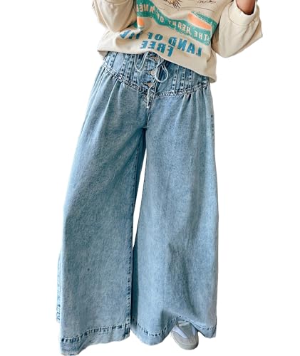 SOMTHRON Women's Baggy Wide Leg Denim Pants Drawstring Mid Waisted Flare Loose Pleated Button Jeans Trousers