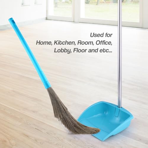 Image of Homeor Dustpan and Broom Set with Long Telescopic Handle for Dustpan & No-Dust Washable Broom, Dust Pan Set, Cleaning Combo Set, 2 Piece Set, Blue