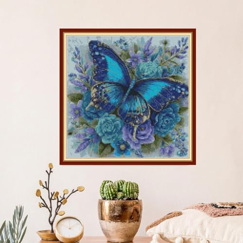 Image of Butterfly and Flowers Cross Stitch Kits for Adults,11CT Stamped Cross Stitch Kits for Beginner,DIY Needlepoint Embroidery Patterns Kits Embroidery Patterns for Home Wall Decor 13.7x13.7 inches