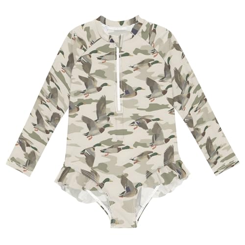 Wild Duck in Camouflage Background Girls Long Sleeve Swimsuit Rash Guard One Piece Bathing Suits Zipper 3-12T