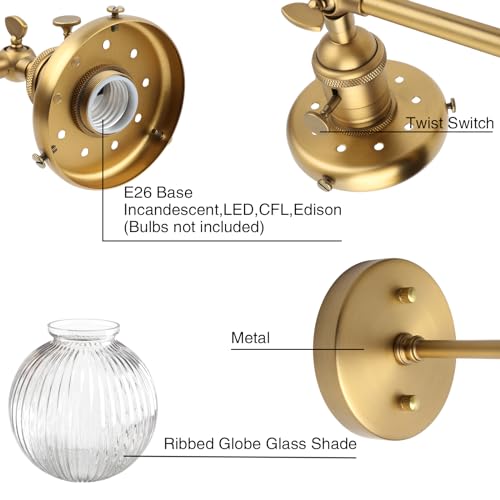 Image of PERMO 2 Lights Sconce with Switch Industrial Gold Wall Sconce Lighting with Ribbed Globe Lampshade Vintage Double Wall Sconce Bathroom Sconce, Hardwired, E26 Base