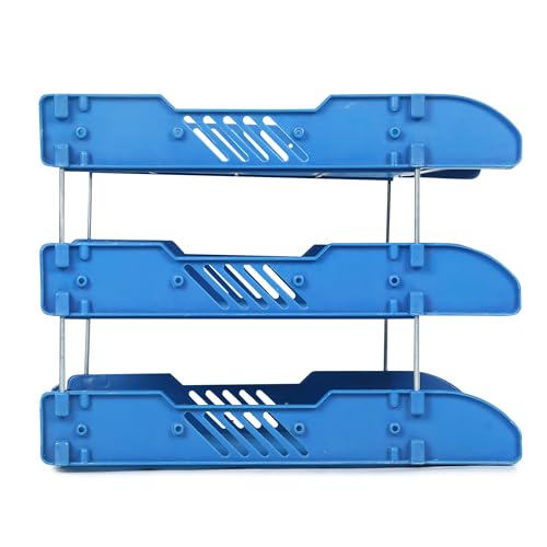 Image of File Tray Rack ABS Plastics | Foldable Office Desk Accessories | Durable & Sturdy | Easy Assembly | Efficient Organizer | Plastic Office Stationery Files Layer Rack (3 Layer, Blue)