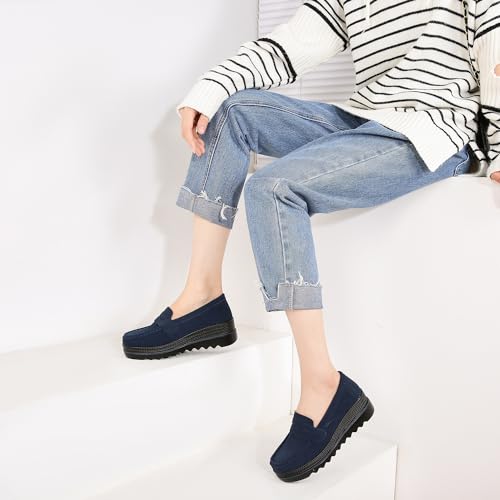 Image of Ruiatoo Women's Slip-On Platform Loafers Suede Wedge Mocs Low-Top Lightweight Casual Office, Travel, Daily Walking Shoes