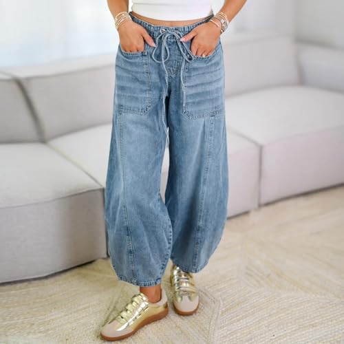 Women's Elastic Waist Tie Up Baggy Jeans Solid Mid Rise Wide Leg Denim Pants Loose 4 Pockets Boyfriend Trousers3