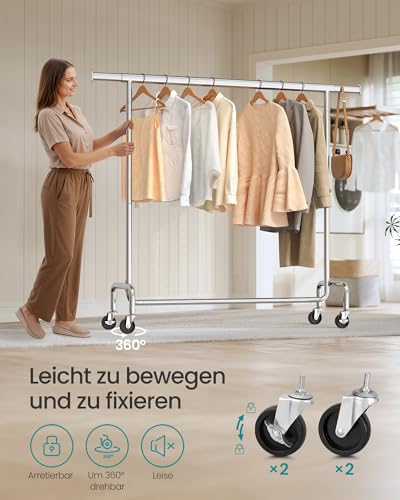 SONGMICS Kleiderständer auf Rollen, Garderobenständer, hochbelastbar, ausziehbare Kleiderstange, bis 130 kg belastbar, 45 x (110-150) x 162,9 cm, aus Metall, verchromt, silbern HSR11S