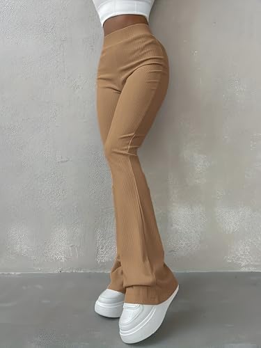 Image of Jawdrobe Women's High Waist Ribbed Flared Pants Stretchable Slim Fit Bootcut Trousers Soft Knit Casual Wear for Daily Office Travel (for Ideal Height 5.3)