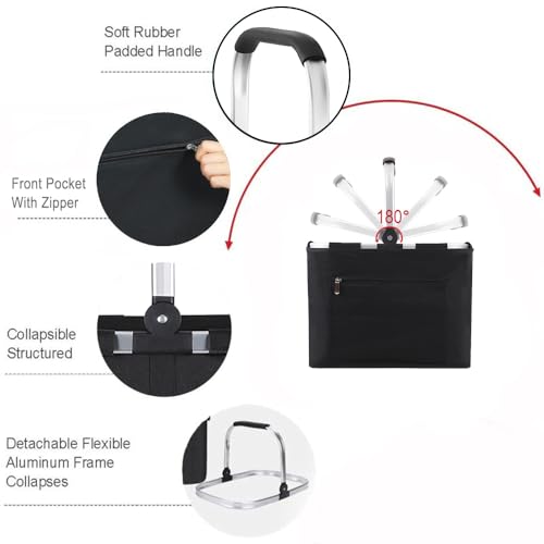 Diurwur® 30L Tragekorb Groß Faltbar Einkaufskorb mit Deckel Picknickkorb mit Stützstrebe Korb Einkaufen Praktischer Klappkorb Transportkorb mit Alurahmen - ideal für Reisen/Picknick/Einkaufen/Geschenk