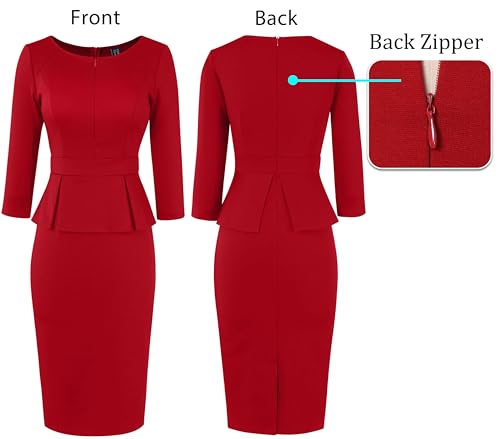 Image of VFSHOW Womens Wear to Work Front Zipper V Neck Peplum Business Office Church Flattering Pencil Sheath Dress