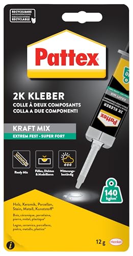 Pattex Kraft-Mix Extrem Fest, extrem starker Epoxidharz Kleber mit hoher Endfestigkeit, Klebstoff für fast jedes Material, transluzenter 2 Komponenten Kleber, 1x12g