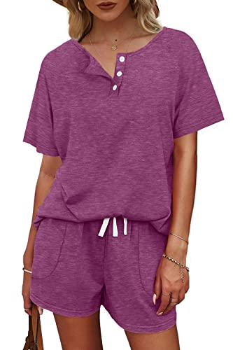 Image of WIHOLL Two Piece Outfits for Women Lounge Sets Button Down Top and Shorts Set Sweatsuits with Pockets