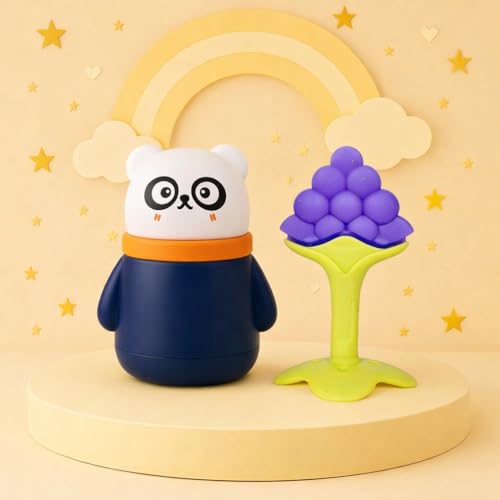 Image of 1 Baby Skin Care Powder Talcum Puff Case Cum Container Box With 1 Soft Silicone Fruit Shape Molar Teething Toy for Toddlers Kids and Infants BPA Free (DESIGN 202)