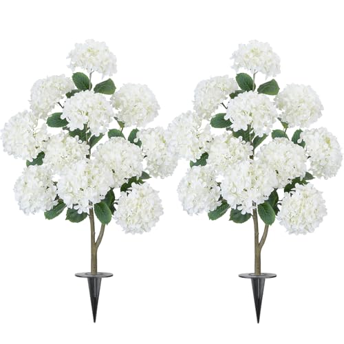 GTIDEA 2 Pcs Fake Hydrangea Tree for Outdoors, Fake Flowers Tree with Spike