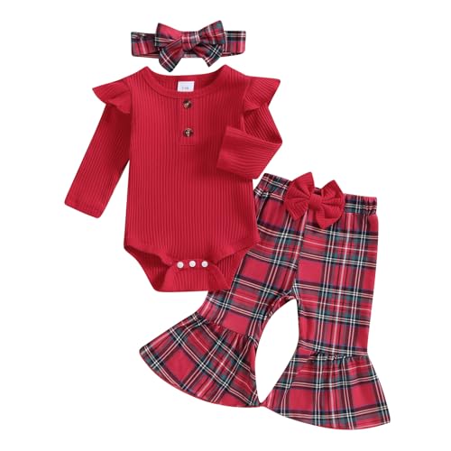 Baby Girl Christmas Ouftis Ribbed Long Sleeve Romper with Plaid Flare Pants and Headband Outfit