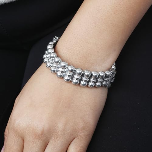 Image of Touchstone Indian bracelets for women mixed metal cuff crystal rhinestones bracelet handcrafted wrist enhancer free size designer in gold or oxidized white tone