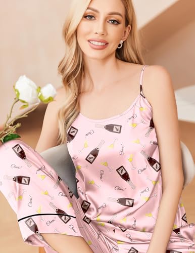 Image of Ekouaer Women Silk Satin Pajamas Sleeveless Pjs Set 2 Piece Summer Loungewear Sleepwear with Pockets S-XXL