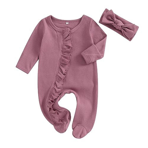 Newborn Baby Girl Footie Waffle Knit Romper Zippers Ruffle Jumpsuit Fall Winter Clothes