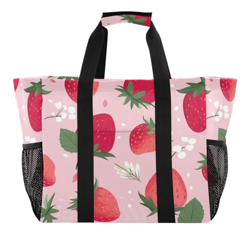 Strawberry Waterproof Tote Bag,Multi-Purpose Kitchen Reusable Grocery Bags, Travel, Beach & Laundry Organizer 15.4 X 9.8 X 12.8 inch