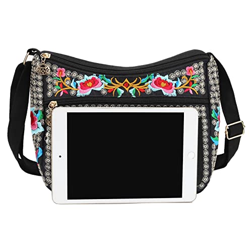 SILKAREA Embroidered Canvas 3 zip Small Crossbody Bag Cell Phone Purse Shoulder Wallet Handbags Wristlet Clutch Bag for Women4