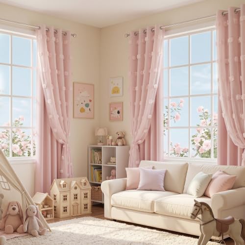 Image of MYSKY HOME Pink Curtains for Girls Bedroom 84 Inches Long Blackout Nursery Curtains 2 Layered Pink Pom Pom Sheer Overlay Kids Toddler Decor Grommet Privacy Room Darkening Window Drapes 52 x 84 Inch