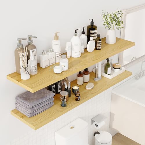 Image of Dreamland 55 inch Floating Shelves for Wall, 12 inch Deep Slim Oak Floating Shelves, Wall-Mounted Shelves for Bedroom, Living Room, Kitchen, Bathroom - Set of 2