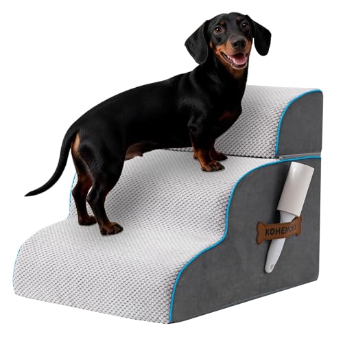 Scaletta per Cani e Rampa per Letto Alto e Divano, 33-61 cm Scala Rimovibile per Cani Piccoli e Medi, Schiuma 40D Robusta, Antiscivolo, Rivestimento Lavabile con Rullo Levapelucchi, Grigio