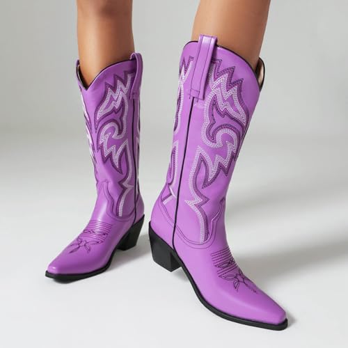 KiutSymo Women's Mid Calf Cowgirl Boots for Women Embroidered Snip Toe Chunky Heel Wide Calf Western Cowboy Boots3
