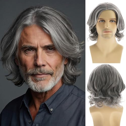 Dsimeig Mens Grey Wig Short Wavy Bob Wig Synthetic Cosplay Party Replacement Hair Wig